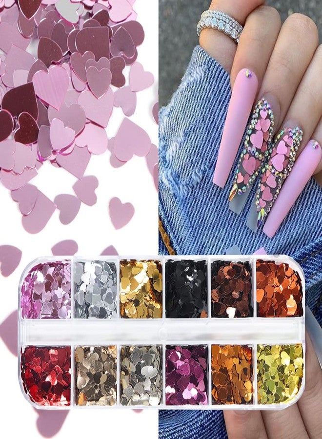 BSBTBZ 3D Nail Glitter Sequins for Valentine's Day Nail Art - Retro Holographic Laser Glitter Flakes Ultra-Thin Heart Nail Art Glitters Sparkle for Acrylic Nail Decoration - 12 Colors - Image 2